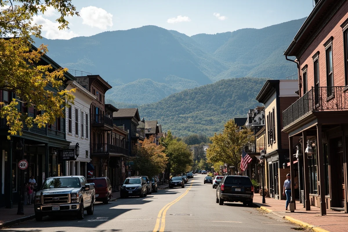 Historic wooden buildings in Virginia City with mountains in background