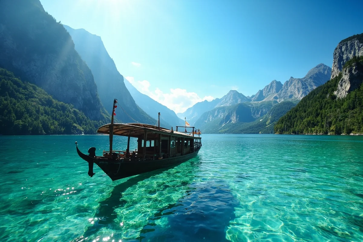 Historic wooden tour boat on crystal-clear mountain lake
