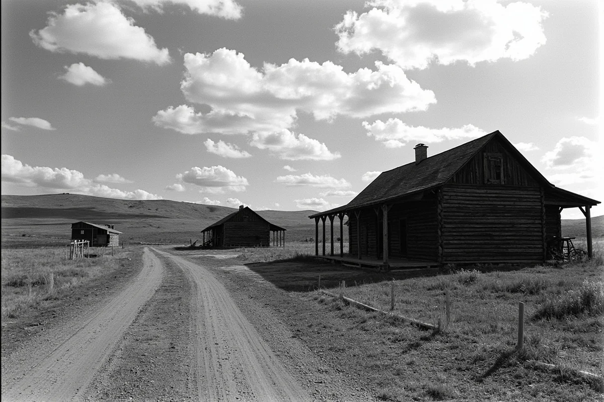 Historical black and white photograph of original Fort Peck trading post before the dam was built