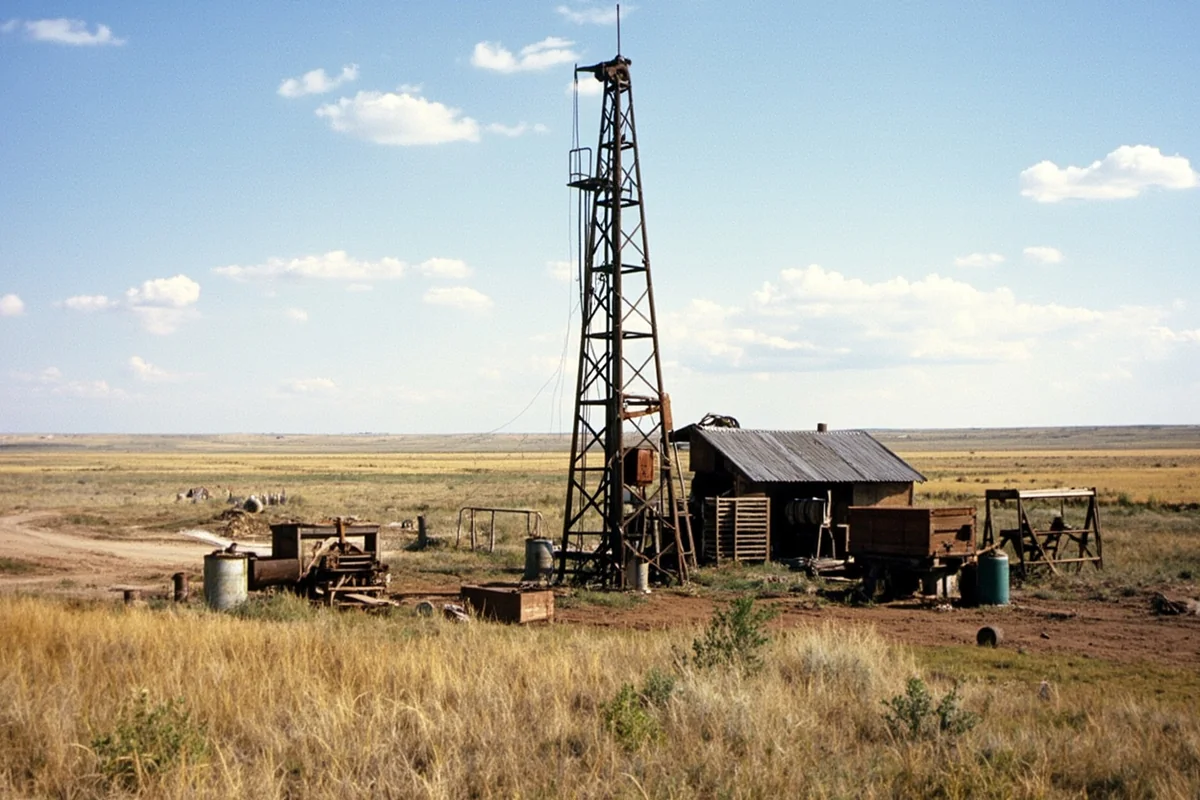 Historical photograph of early oil drilling operation in Montana, circa 1950s