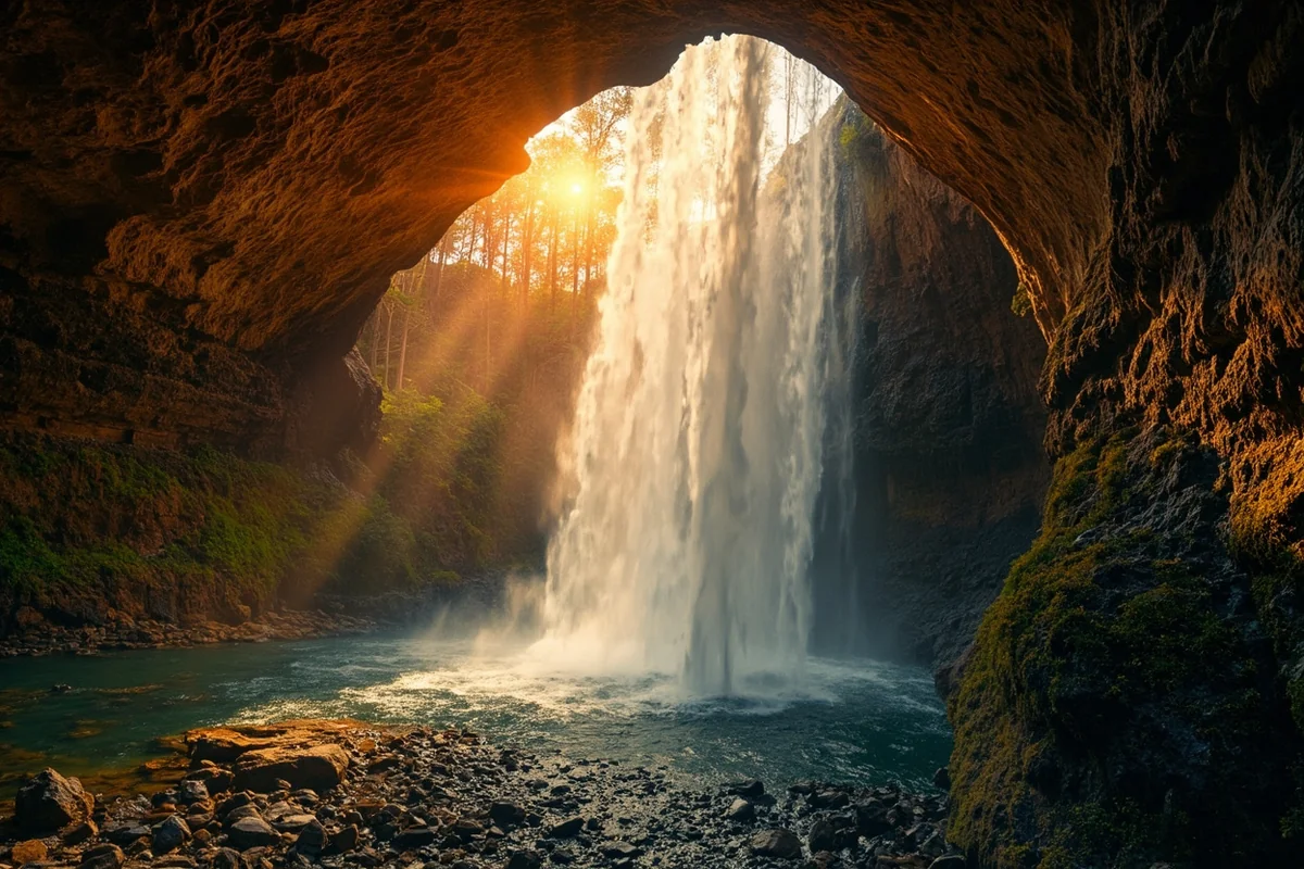 Hole In The Wall Falls during late summer with golden light illuminating the cliff face