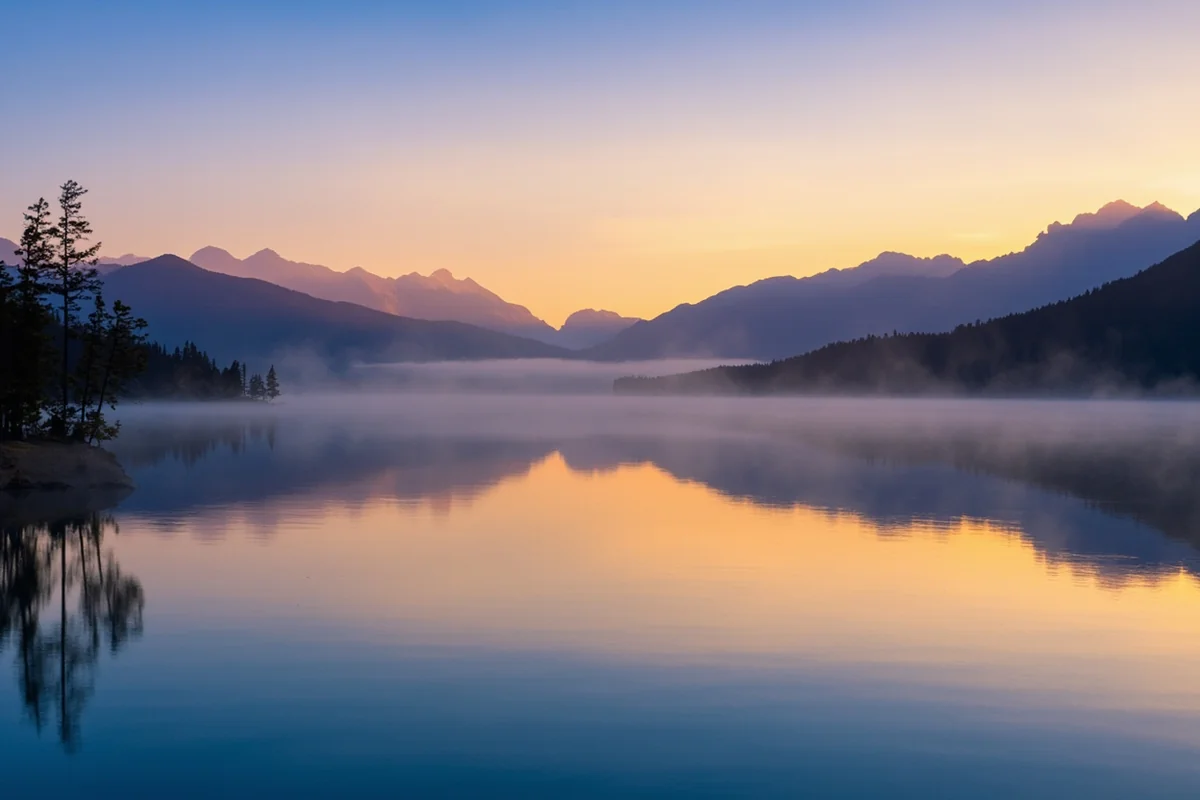 Holland Lake reflection of Swan Range mountains at sunrise with morning mist