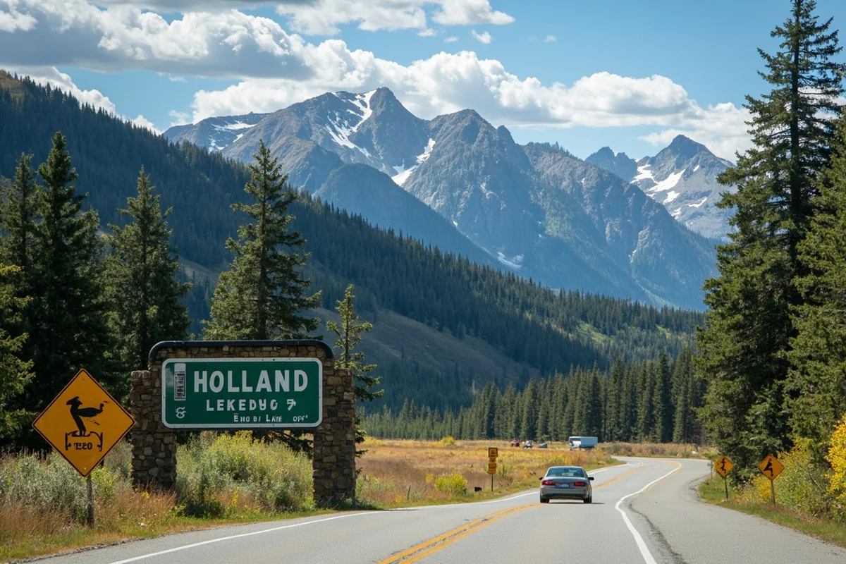 Holland Lake Road entrance sign with forested mountains in background, showing turnoff from Highway 83