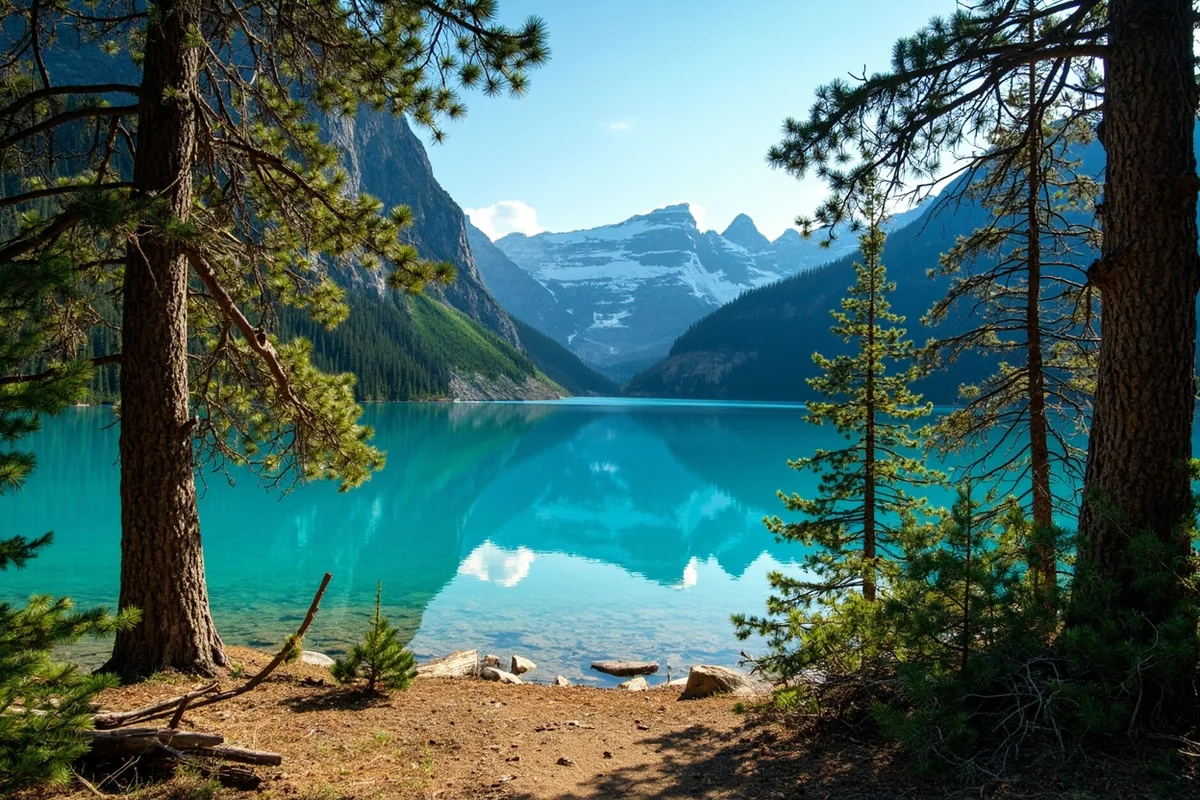 Holland Lake viewed through pine trees from the trail, showing crystal-clear turquoise water and mountain backdrop