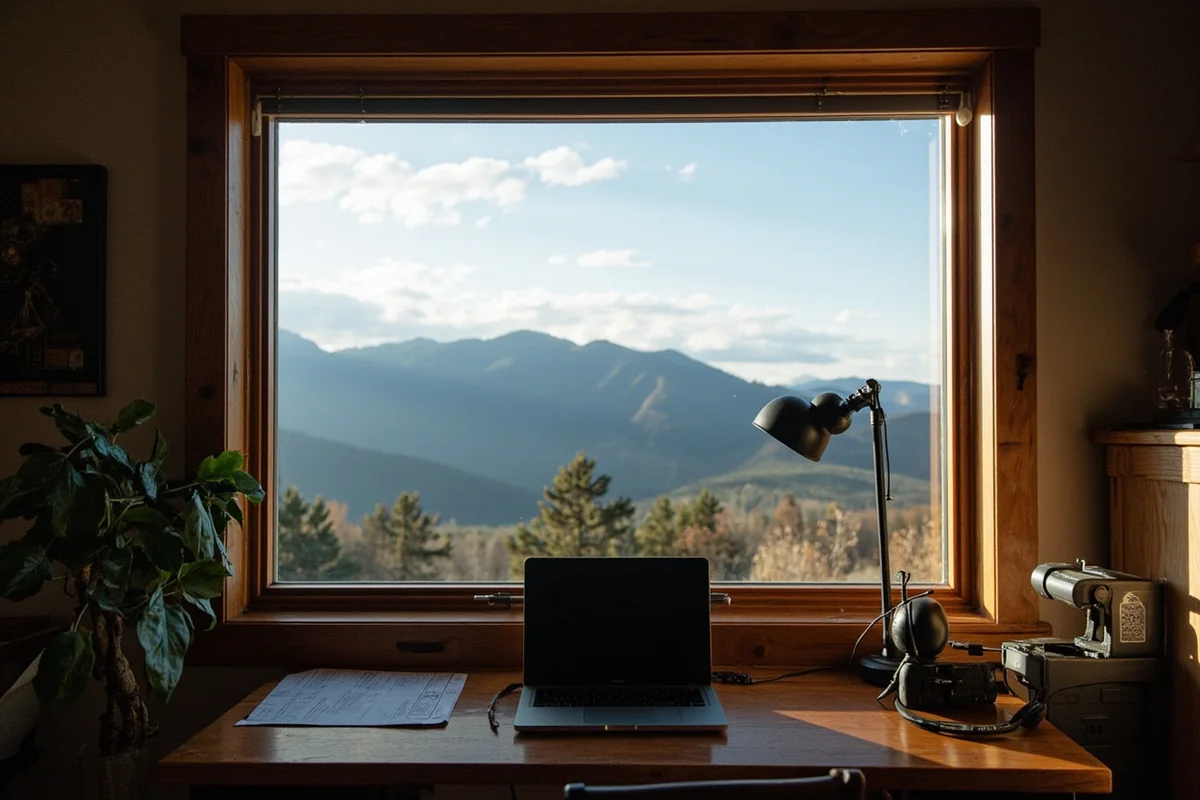 Home office setup with Montana mountain view through large window