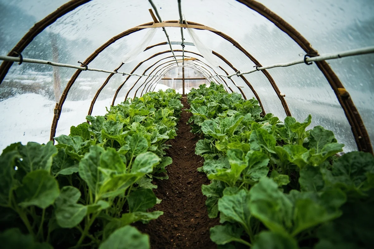 Hoop house greenhouse with cold-weather vegetables growing inside, snow visible outside