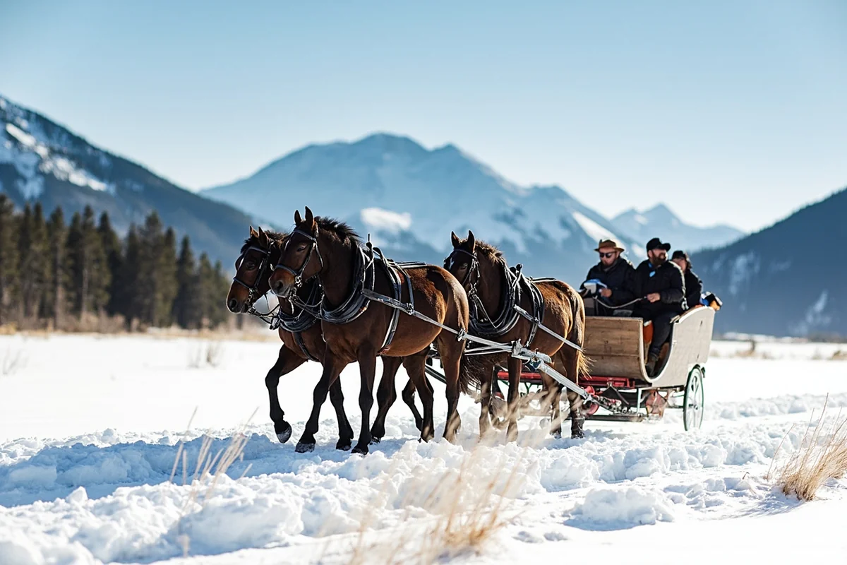 Horse-drawn sleigh ride through snowy Montana meadow with mountains in background