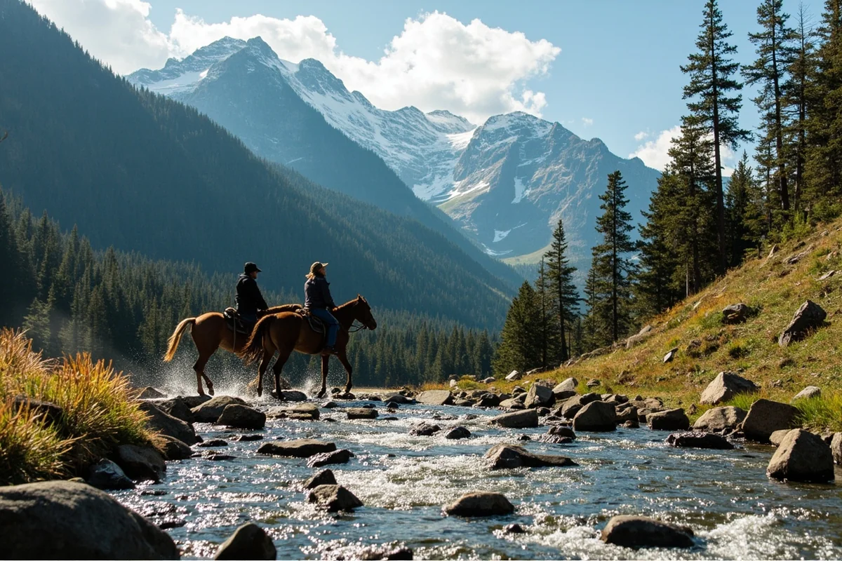 Horseback riders crossing mountain stream with forested hillside and snow-capped peaks in background