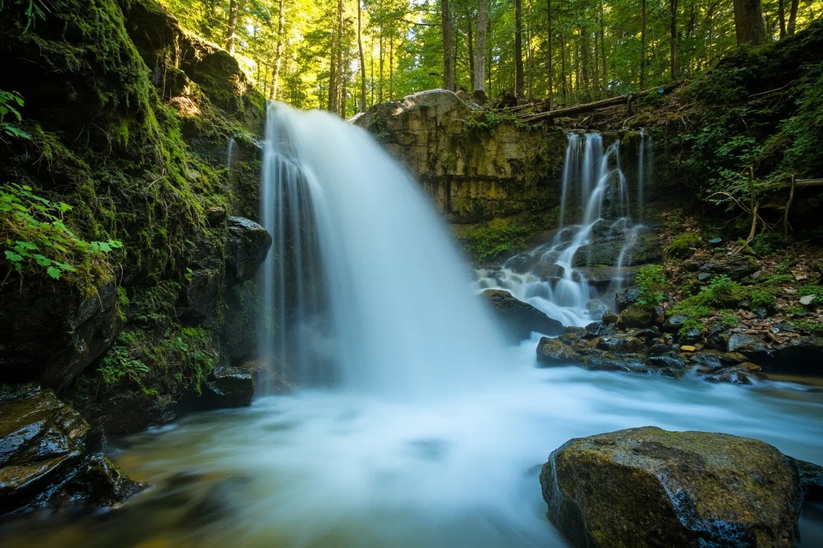 Horsetail Falls in full flow during early summer with moss-covered rocks and surrounding forest