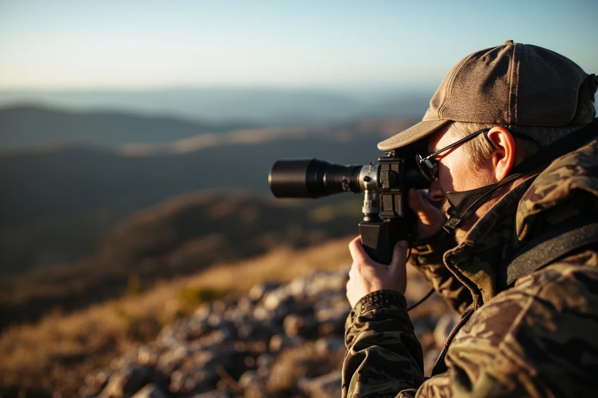 Hunter and guide glassing for elk from ridge with spotting scope