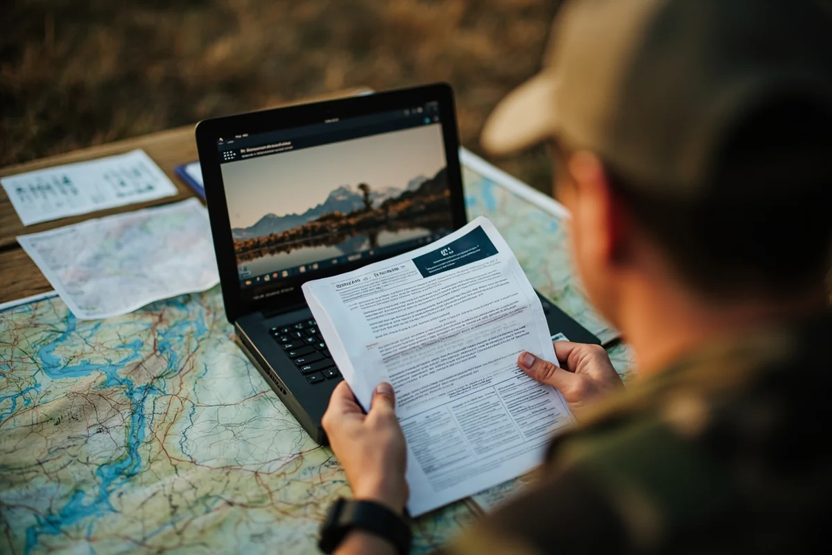 Hunter at laptop reviewing FWP materials with calendar, regulations booklet, and maps spread across table