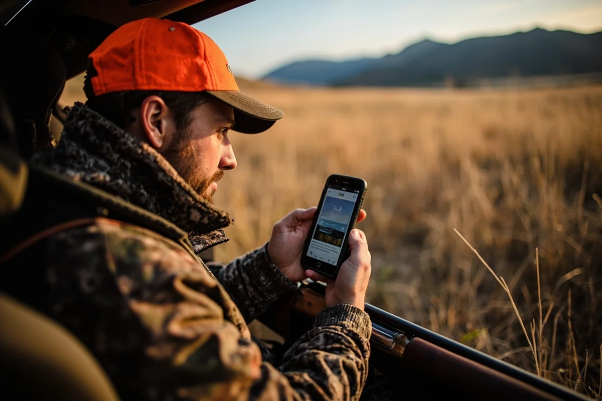 Hunter checking FWP mobile app while sitting in Montana hunting camp