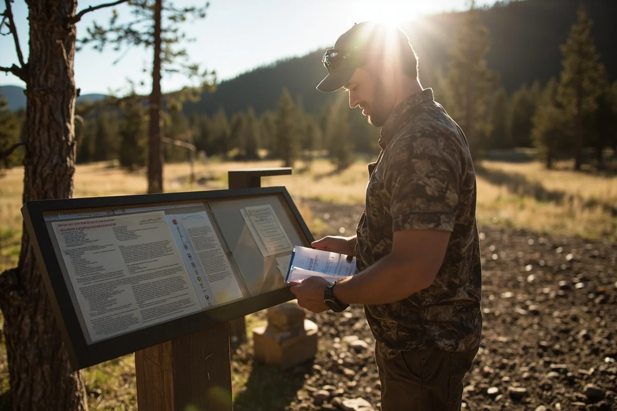Hunter checking license and regulations at trailhead before entering Montana public land