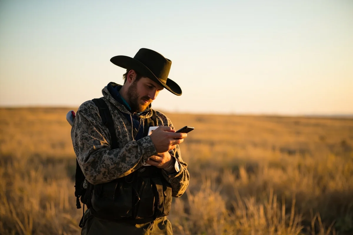 Hunter checking license on phone in Montana prairie landscape