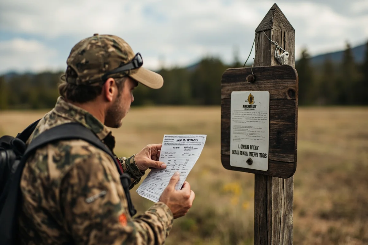 Hunter examining FWP license and tags at a trailhead sign with Montana wilderness in background