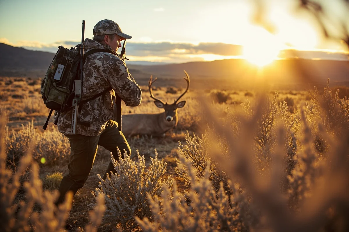 Hunter executing a careful stalk approach through sagebrush toward bedded mule deer