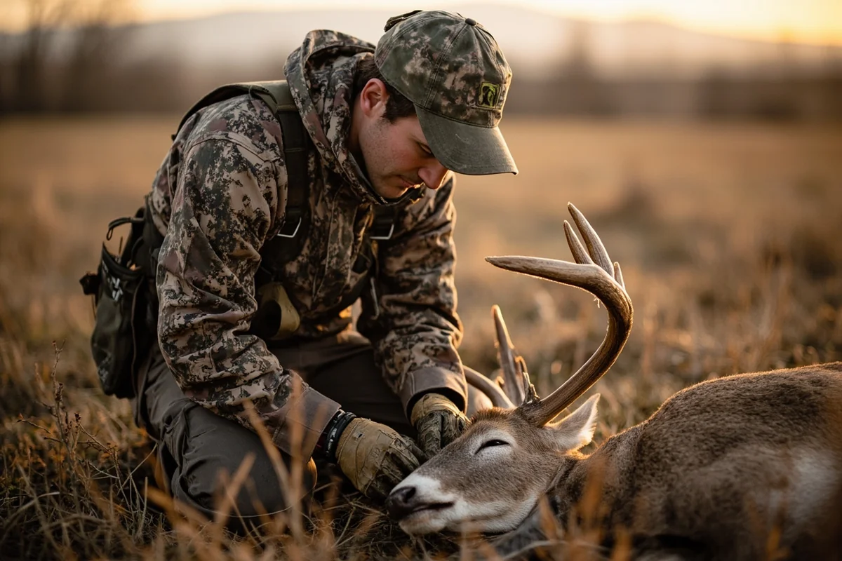 Hunter field dressing a deer with proper tagging visible