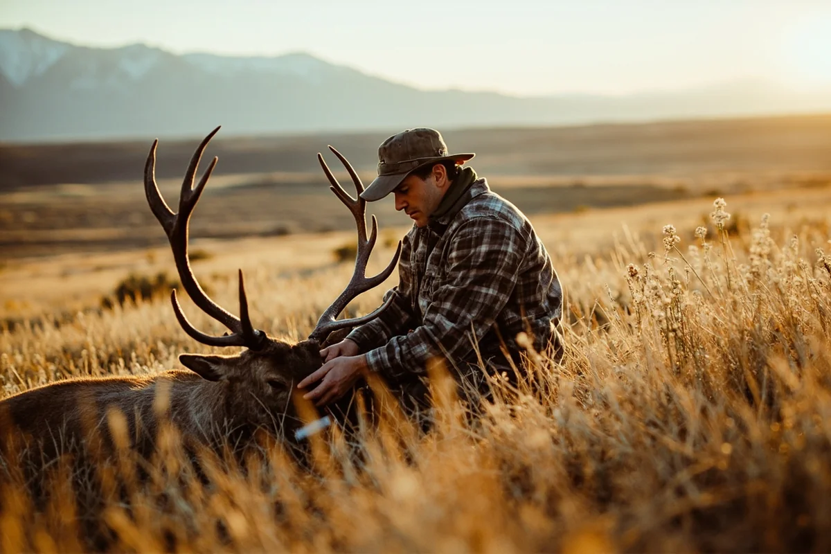 Hunter field dressing a mule deer in Montana breaks country