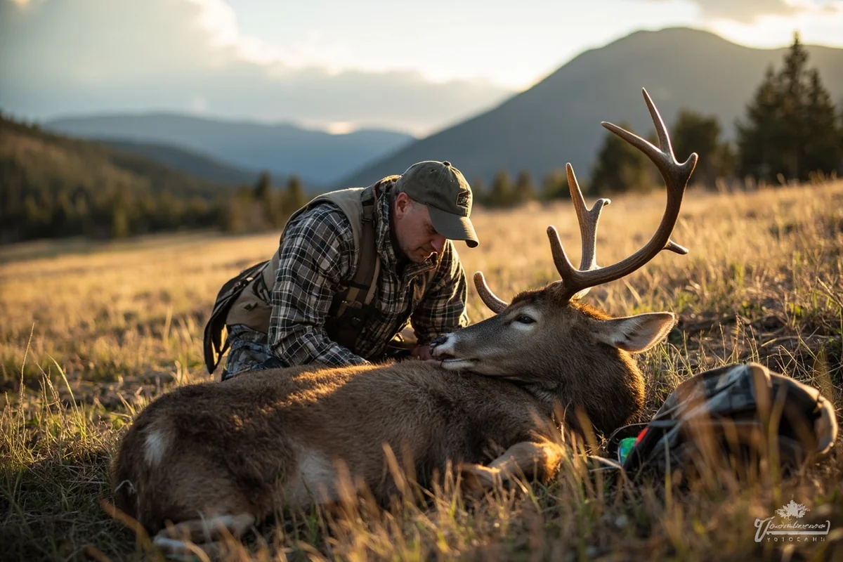 Hunter field dressing a mule deer in remote Montana terrain with game bags visible