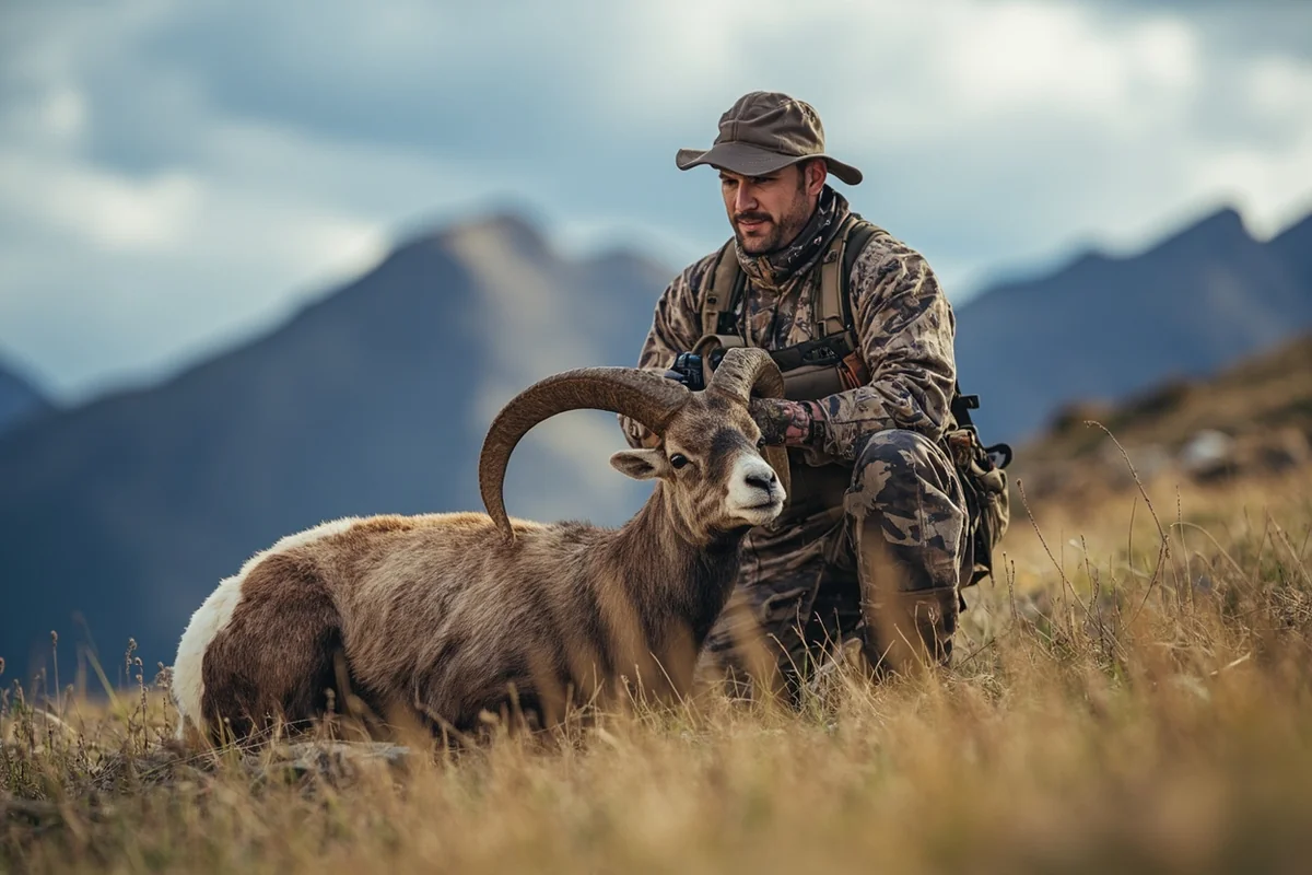 Hunter field dressing bighorn sheep with mountain backdrop
