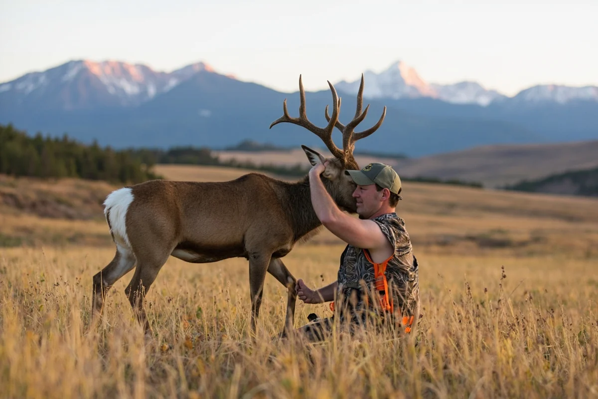 Hunter field dressing game with Montana mountains in background