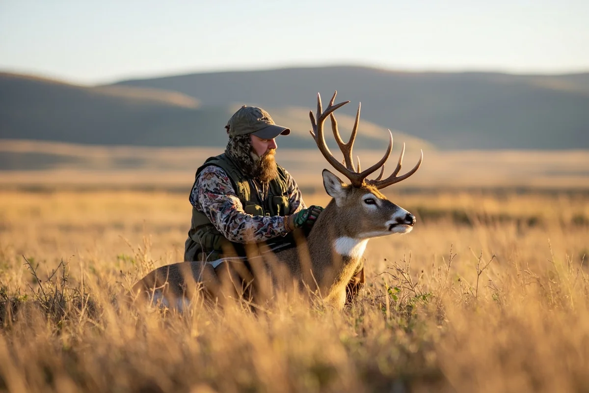 Hunter field dressing whitetail buck on Montana prairie with rolling hills in background