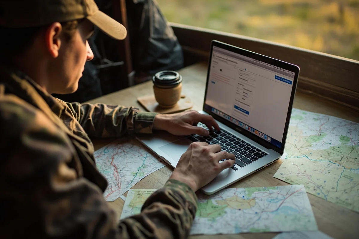 Hunter filling out Montana FWP application on laptop with coffee and maps spread on table