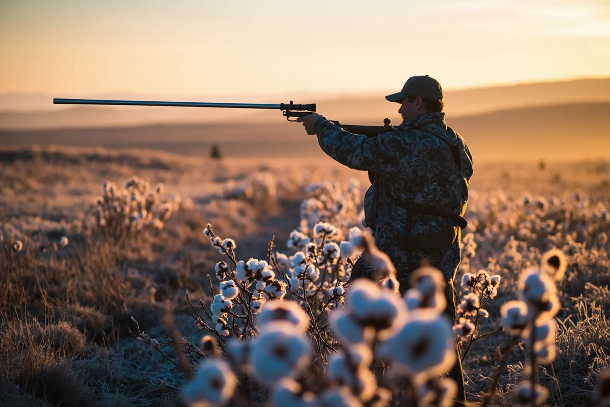 Hunter glassing cottonwood river bottoms at dawn in eastern Montana with frost on the ground