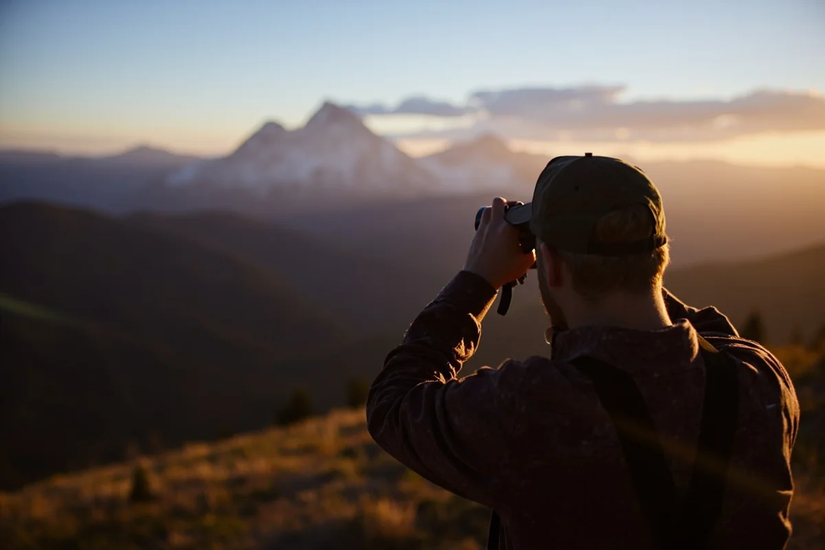 Hunter glassing distant mountainside with binoculars at dawn, Montana wilderness backdrop