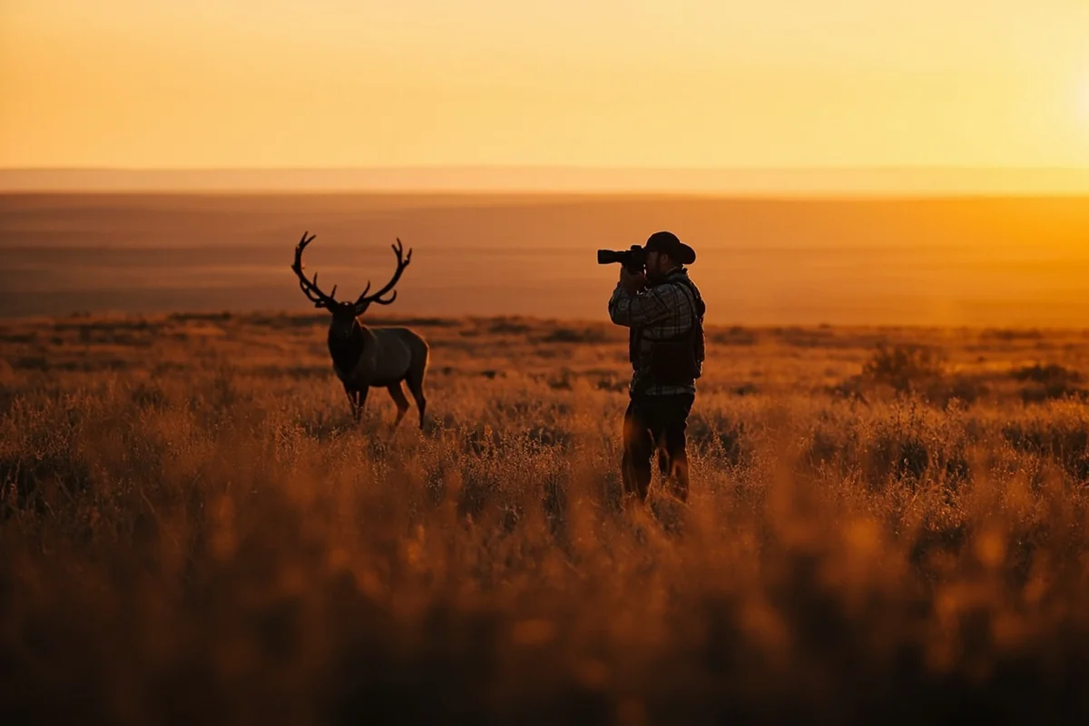 Hunter glassing for elk at sunrise in Montana's Missouri Breaks with rolling prairie hills in background