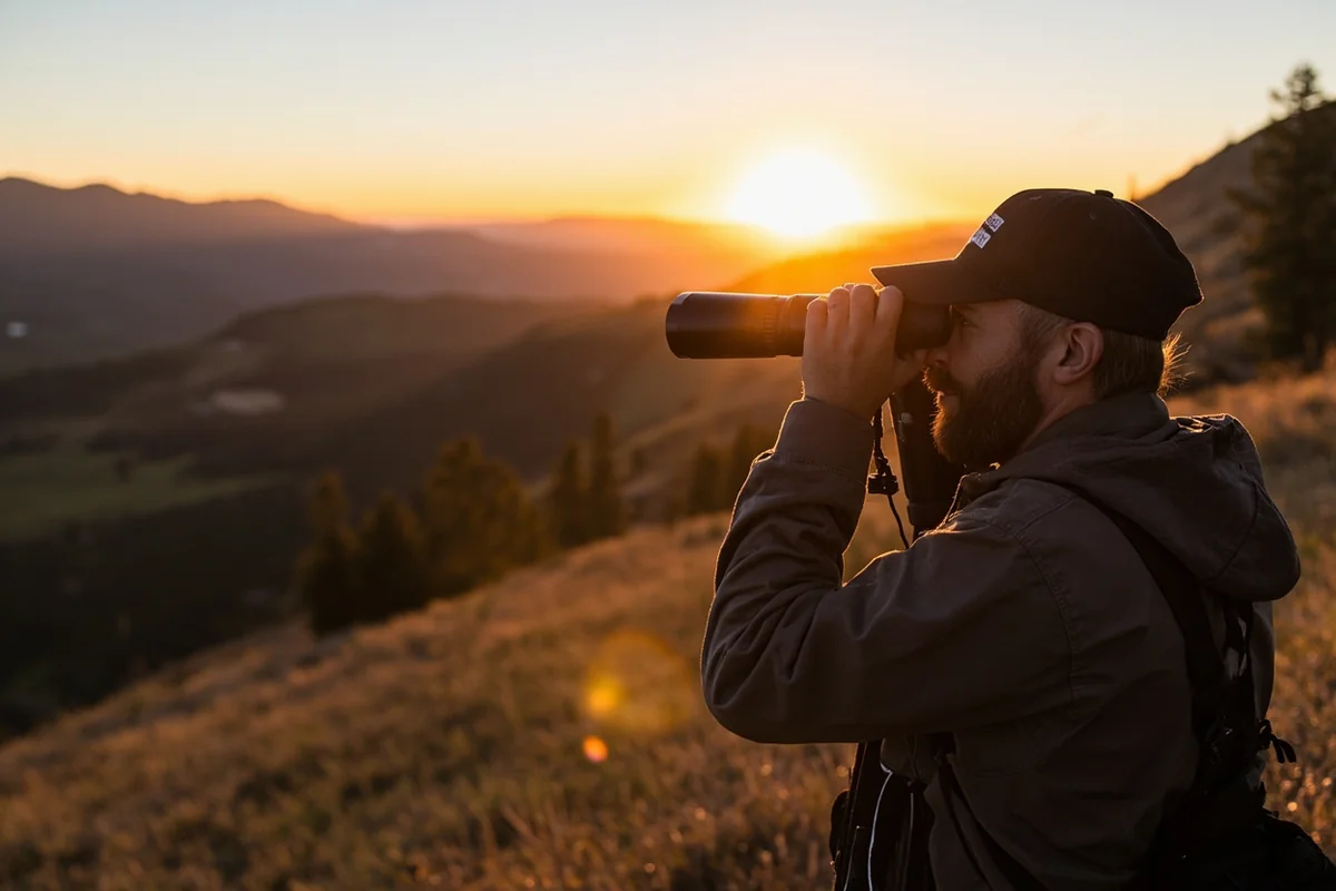 Hunter glassing for elk at sunrise in Montana's mountain terrain with binoculars