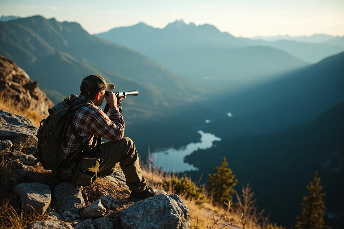 Hunter glassing for elk from a rocky outcrop overlooking Montana mountain basin