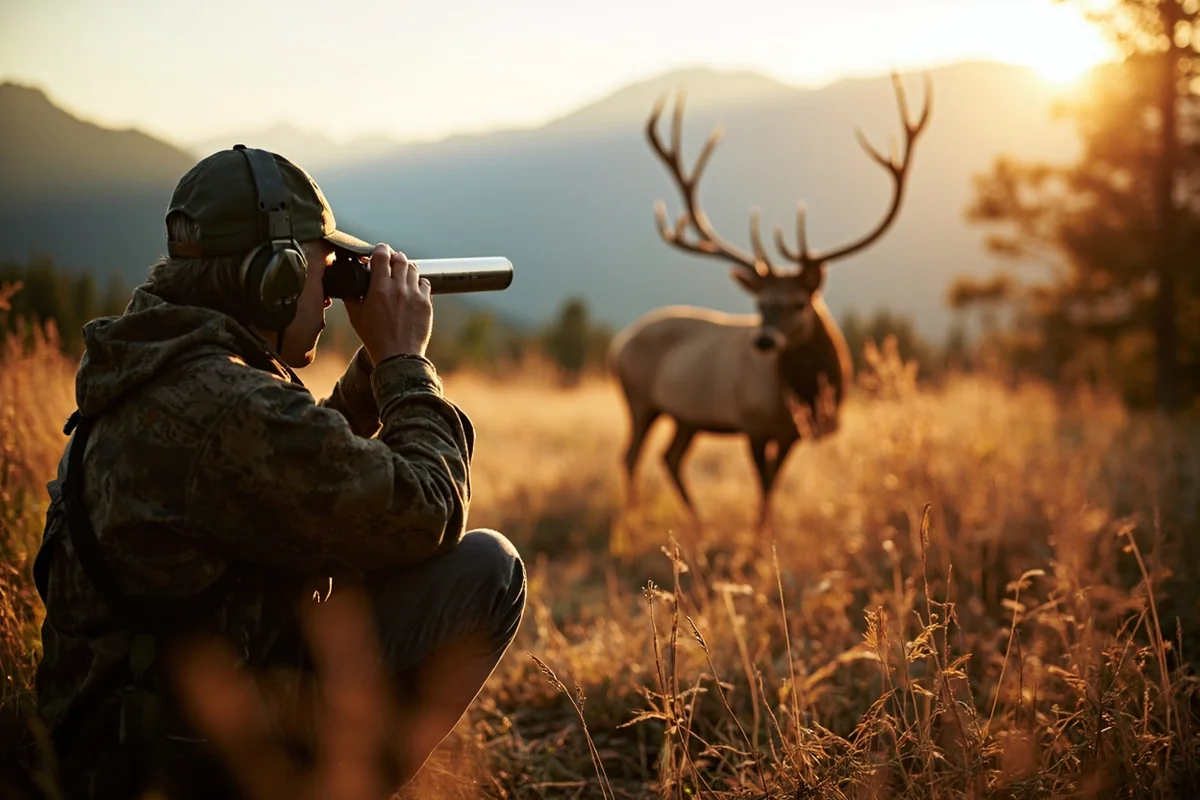Hunter glassing for elk in Montana mountain terrain during early morning