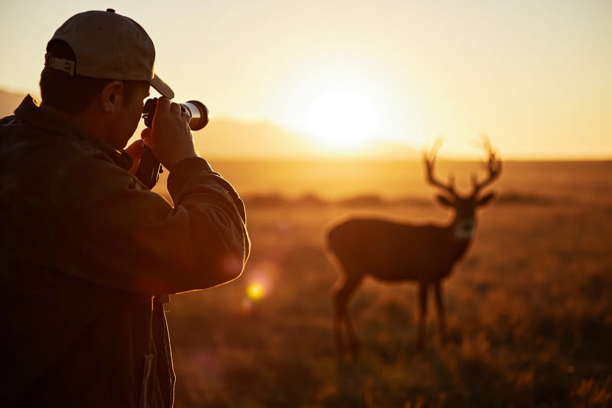 Hunter glassing for mule deer in Montana's Missouri River Breaks at sunrise