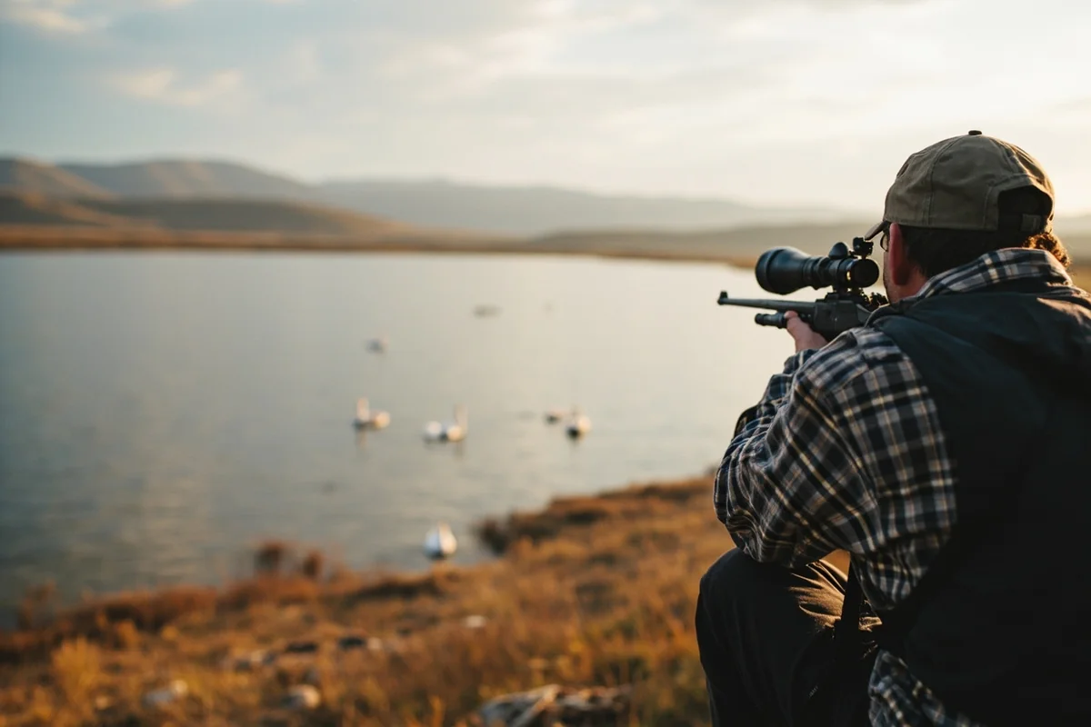 Hunter glassing for swans from elevated position overlooking Montana prairie reservoir