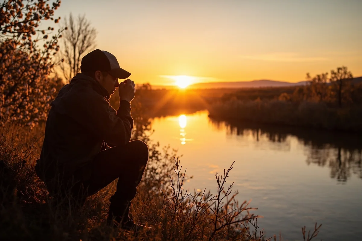 Hunter glassing for whitetail deer along Montana river bottom at sunrise with cottonwood trees in background