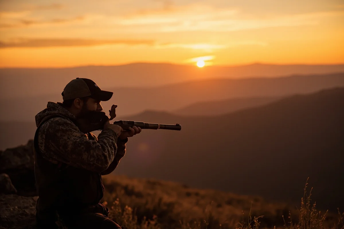 Hunter glassing from public land ridgeline at sunset with Montana mountains in background
