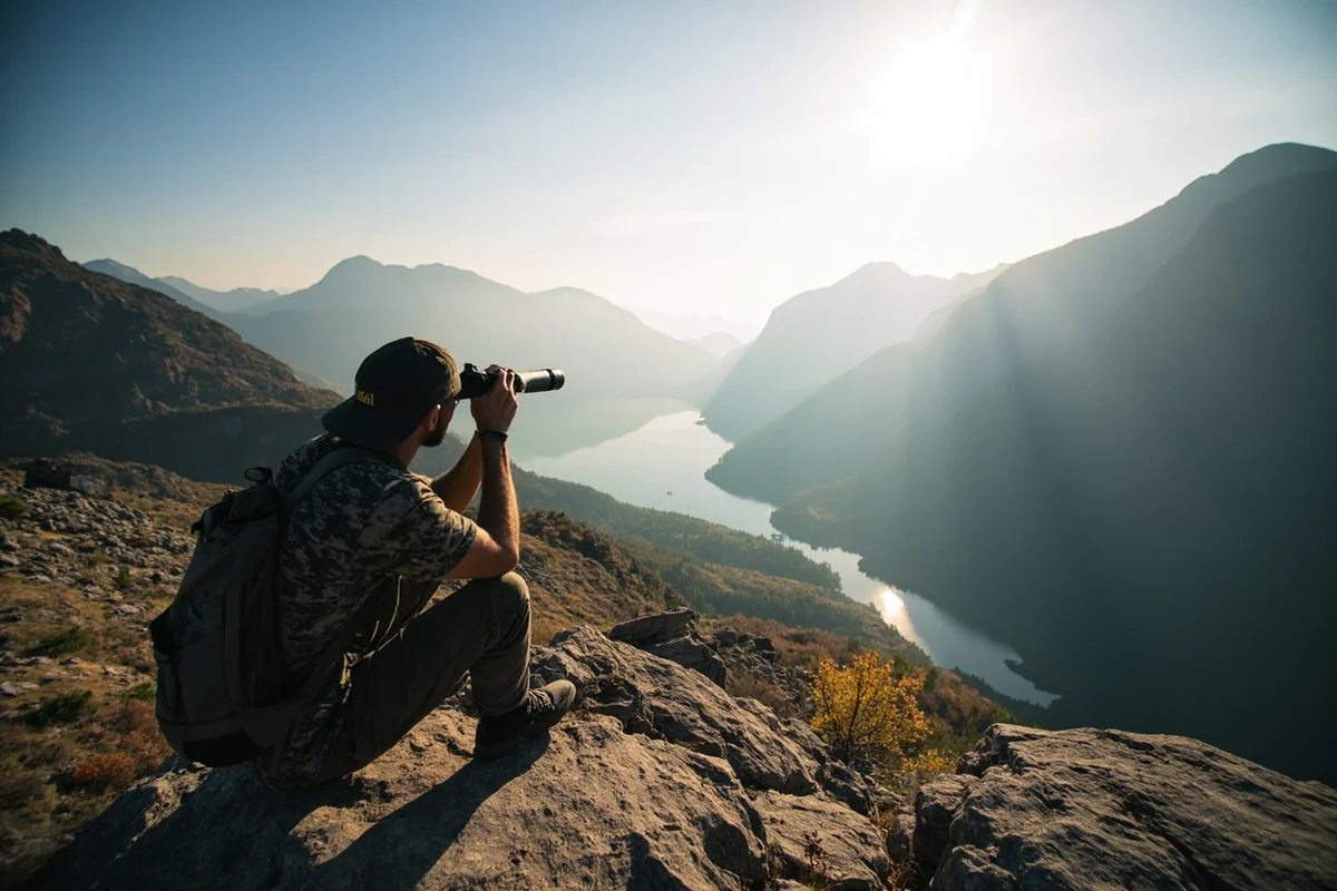 Hunter glassing from rocky vantage point overlooking alpine basin