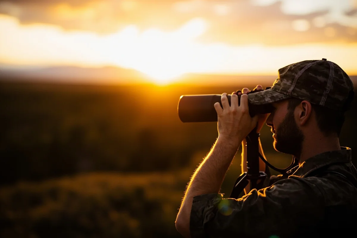 Hunter glassing Montana landscape at sunrise with binoculars