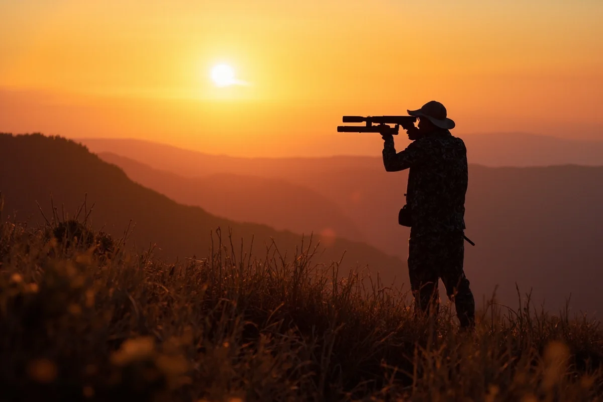Hunter glassing mountain landscape at sunset with successful harvest