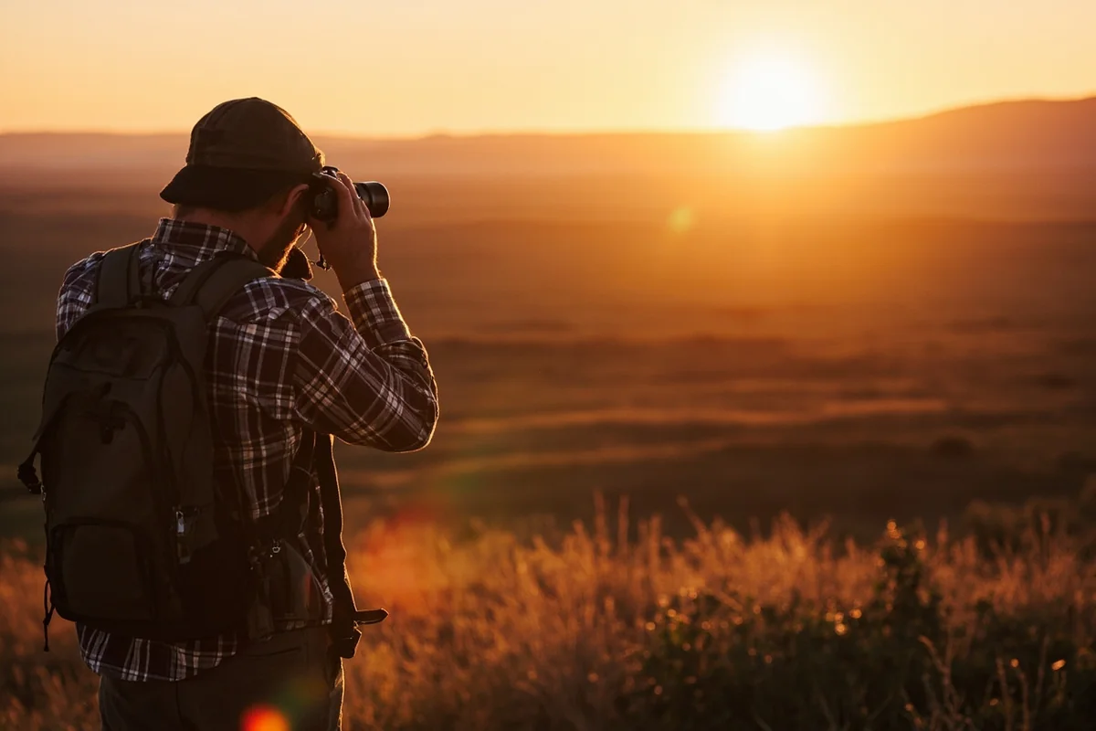 Hunter glassing mule deer from a ridge overlooking Montana prairie at sunrise with binoculars