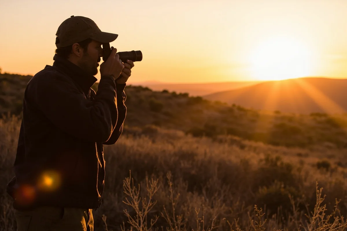 Hunter glassing mule deer habitat in the Missouri Breaks at sunrise, sagebrush and rugged terrain visible