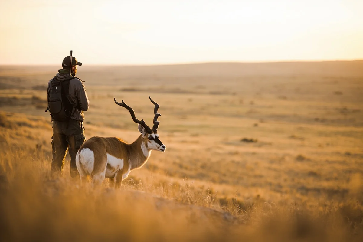 Hunter glassing pronghorn from a ridge overlooking the prairie near Miles City