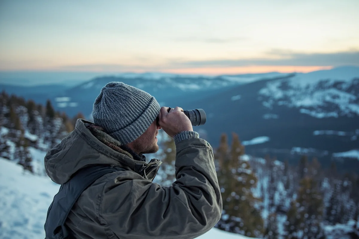 Hunter glassing with binoculars across snowy Montana breaks terrain