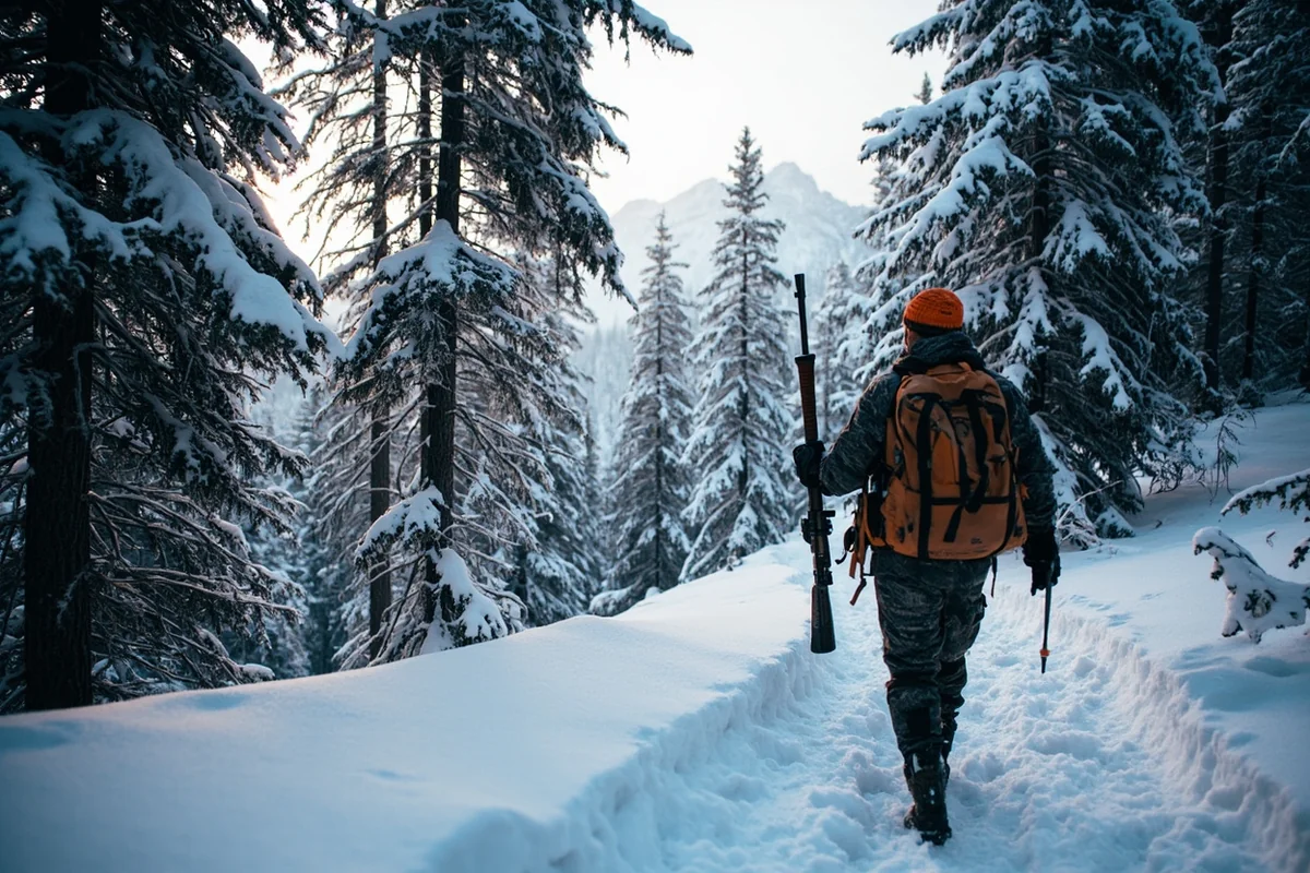 Hunter hiking through snow-covered timber at high elevation