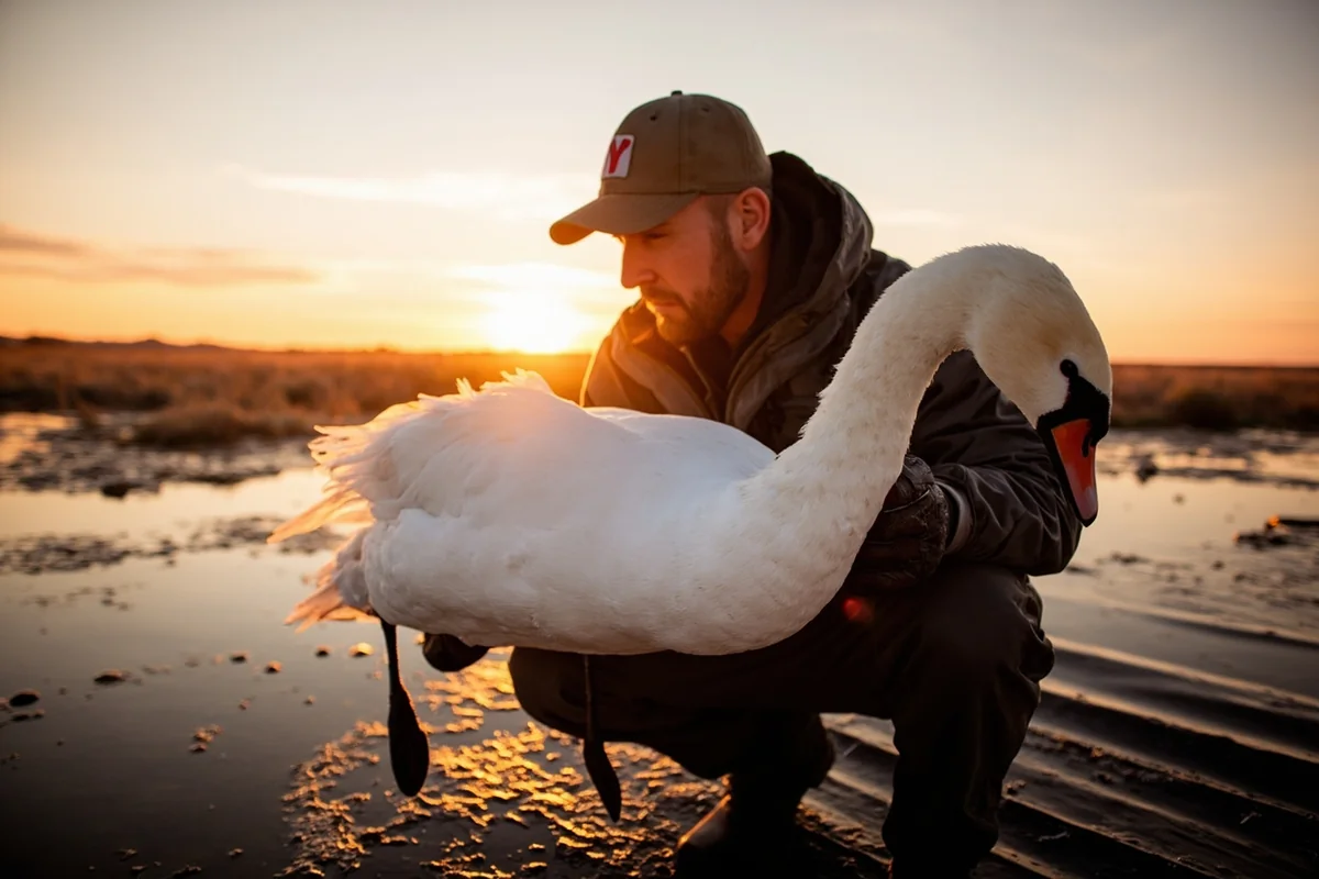 Hunter holding harvested tundra swan in Montana wetlands at sunrise