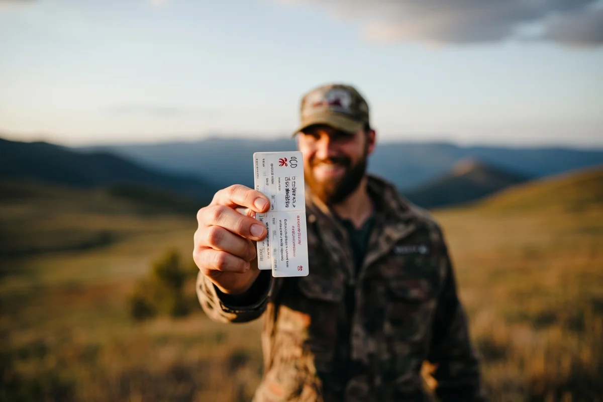 Hunter holding Montana hunting tags with Montana landscape in background
