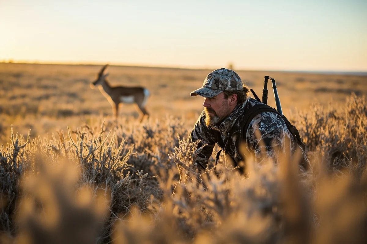 Hunter in camouflage crawling through low sagebrush with pronghorn visible in far distance on Montana prairie