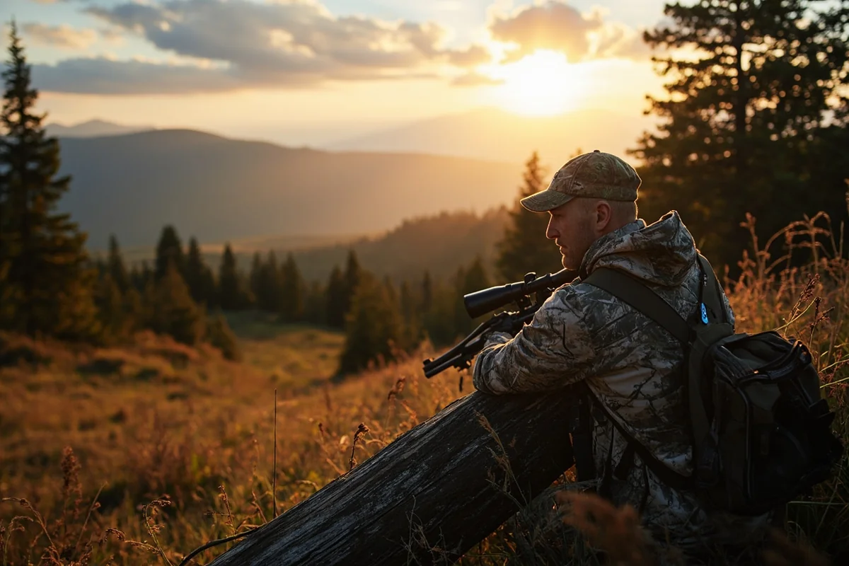 Hunter in full camouflage positioned behind fallen timber overlooking mountain meadow at dawn