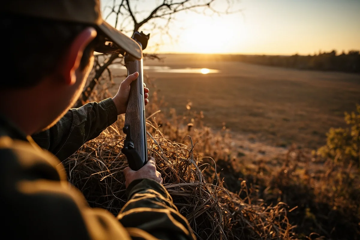 Hunter in ground blind overlooking agricultural field edge with river bottom timber visible in distance